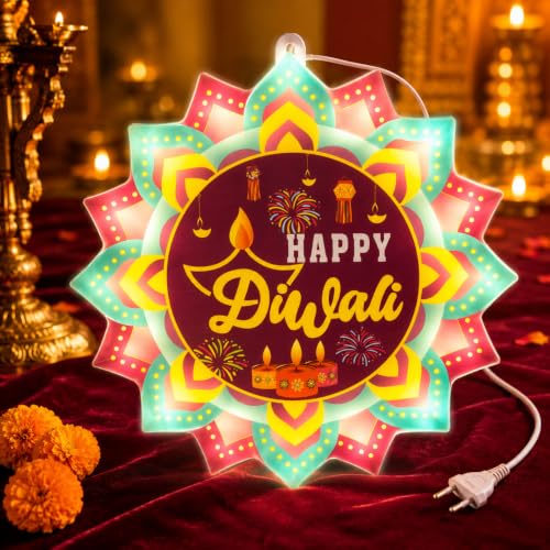 Image of One94Store Happy Diwali Door Hanging Decoration with LED Lights | Illuminated Lotus Rangoli & Diya Wall Decor, Indian Festival of Lights Hanging for Door, Home, Living Room, Office & Party Decor