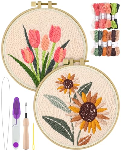 Image of ERKOON Punch Needle Kit Adults Beginners, 2 Pcs DIY Easy Flower Embroidery Set for Starter Art Craft, Needling Punching Project with Patterns, Tools, Yarns, Hoop, Instruction (Sunflowers & Tulips)