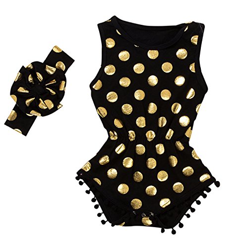 Image of Messy Code Baby Romper Onesies Girls Clothes Gold Dot Jumpsuits Headband Outfit Sleeveless Boutique Black Medium / 12-18Month