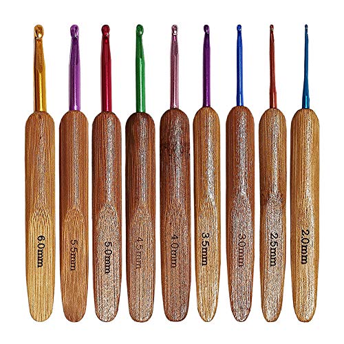 Katech 9 pcs Crochet Hooks for Making Scarf, Gloves and Sweaters - Ergonomic Bamboo Handle Colorful Crochet Hook Kits Different Sizes (2.0mm - 6.0mm) Crochet Needles DIY Hand Craft Yarn Weaving Tools