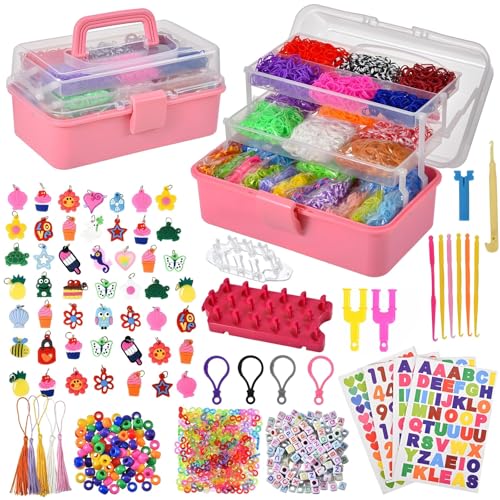 Tuilful 18000+ Loom Band Kit - 30 Vibrant Colors Loom Bands Bracelet Making Set with Charms Tools & 3-Layer Pink Storage Box DIY Arts & Crafts Gift for Girls & Boys (Pink)