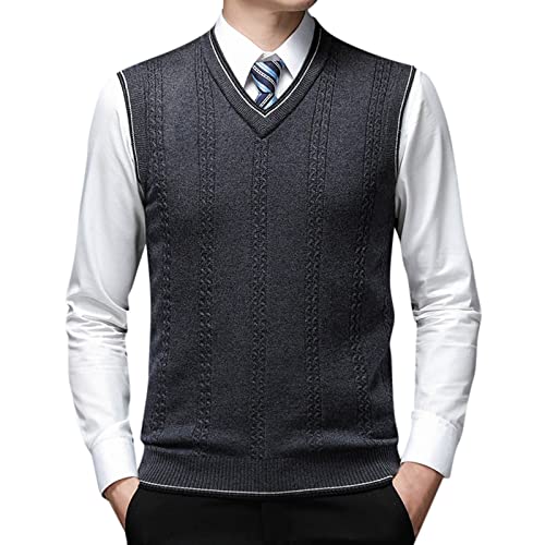 Pull sans manches pour homme - Débardeurs en tricot à col en V - Coupe régulière - Hiver, gris foncé, M