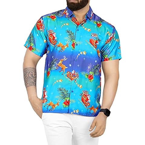Camisa Hawaiana LA LEELA para hombres en azul con temática navideña en talla 3XL Cover