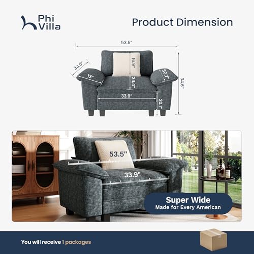 Image of PHI VILLA Oversized Single Sofa Chair, 1 Seater Comfy Sofa with Deep Seat for Reading Nook Bedroom Small Spaces, Chenille Fabric, Dark Cyan