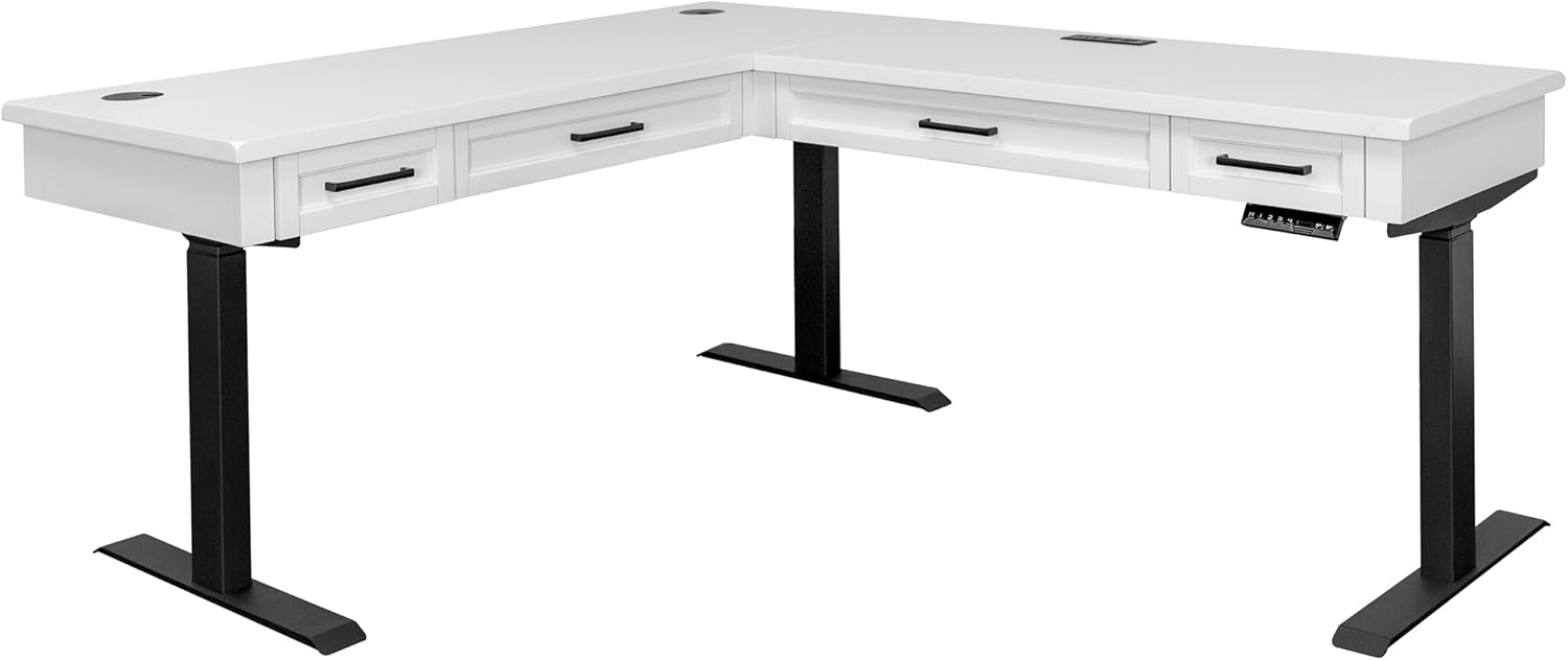 White Adjustable Height L-Desk with USB Ports and Drawer