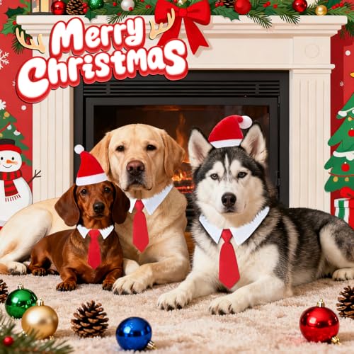 MELLIEX 2 Stück Weihnachten Hundekostüm, Hunde Katzen Weihnachtsmützen und Krawatte Weihnachtskostüm Zubehör Set für Haustier(46cm