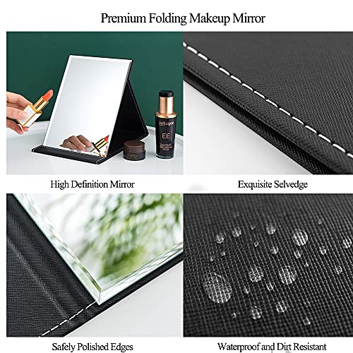 Sitake 2 Pcs Portable Folding Makeup Mirror With Adjustable Stand, Pu Leather Desktop Vanity Mirror For Personal Office Travelling(Mini & L, Black) #TOP2