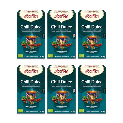 Yogi Tea, Chili Dulce - Infusión Ayurvédica - Mezcla de Cáscara de Cacao, Chily y Regaliz - Pack de 6x17 bolsitas (102 bolsitas en total)