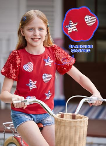 Image of BesserBay Girls 4th of July Sequins Stars Shirt Stripes Puff Short Sleeves Top Shiny Crew Neck Blouse 6-14 Years