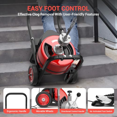 100Ft 3/4 Inch Cable Drain Cleaning Machine, 750W Auto Feed Portable Electric Sewer Snake, Electric Drain Auger with 6 Cutter Air-Activated Foot Switch for 4" to 8" Pipes