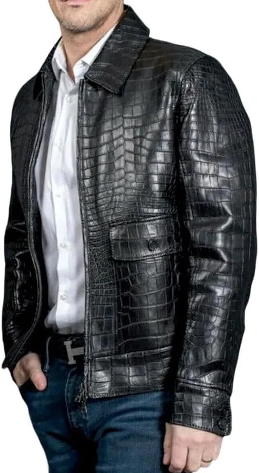 Mens Crocodile Black Real Leather Biker Jacket2