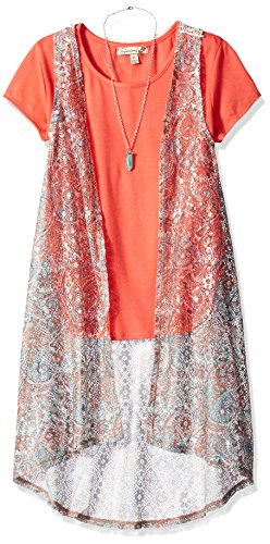 Speechless Girls' 2 Pc Printed Lace Vest 2pc Hi Lo Hem with Tee