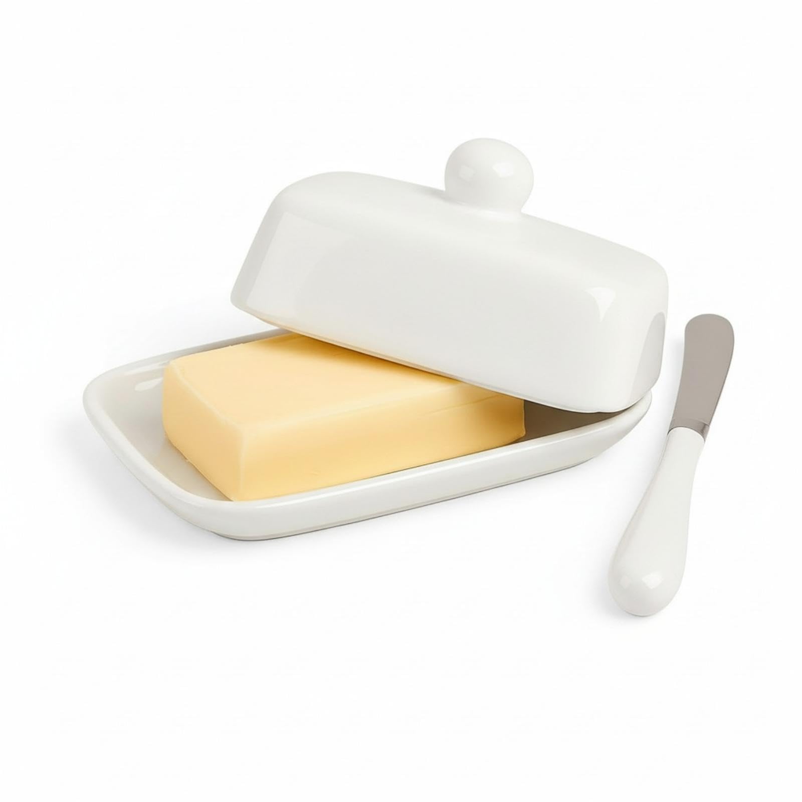 Butterdose Keramik mit Deckel, Weiße Porzellan Butterdose inklusive Buttermesser, Butterbehälter für 250g Butter, Butter Schale für Küche & Esszimmer