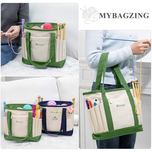 Image of MYBAGZING Canvas Yarn Storage Organizer Bag Washable Crochet Bag with Pockets for Yarn, Hooks, Needles - Travel Knitting Tote for Crafters - Gift for Crocheters & Knitters (Medium /Large)