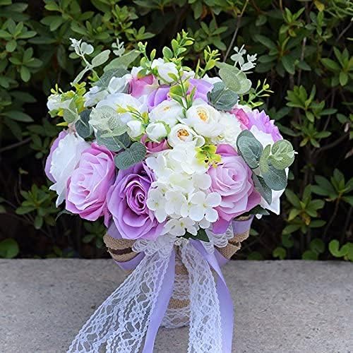 Ansuma Artificial Flowers Wedding Bouquets for Bride, 10 Inch Lavender White Rose Bridal Bouquet for Wedding Ceremony Anniversary Bridal Shower and French Rustic Wedding (Bridemaid Bouquet)