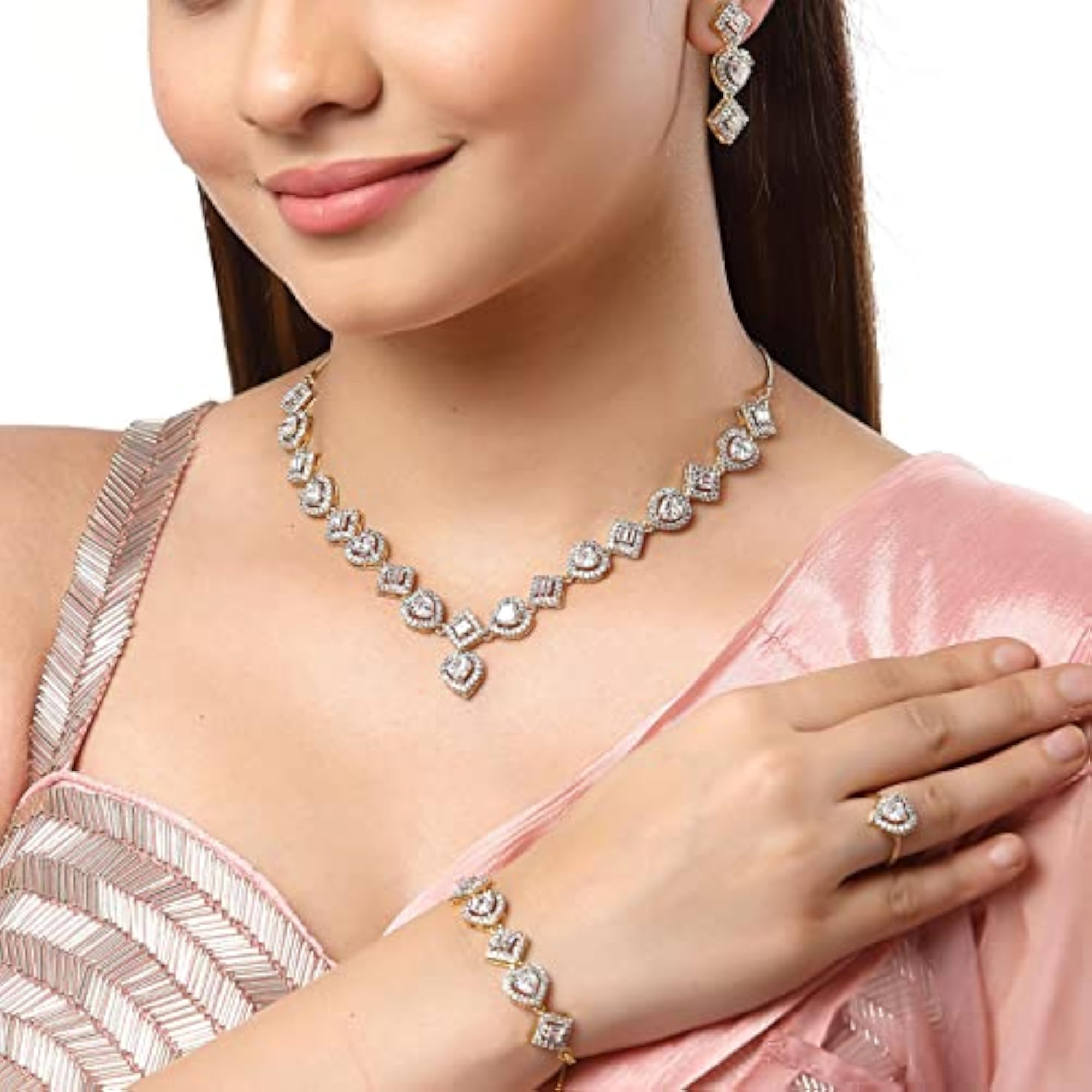 Gold-Plated Diamond Combo Necklace Ring Bracelet Earring Set (Heart-Square)