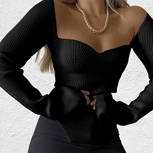 ACOSAP Women's Square Neck Ribbed Knitted Sweater Long Sleeve Crop Slim Fitted Basic Pullover Tops3