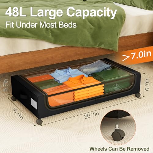Image of GoMaihe Under Bed Storage with Wheels: 48L Underbed Storage Containers with Clear Lids - Rolling Drawers & Bins for Shoes Clothes in Dorm Bedroom - Space-Saving Easy Pull-out Black 2-Pack