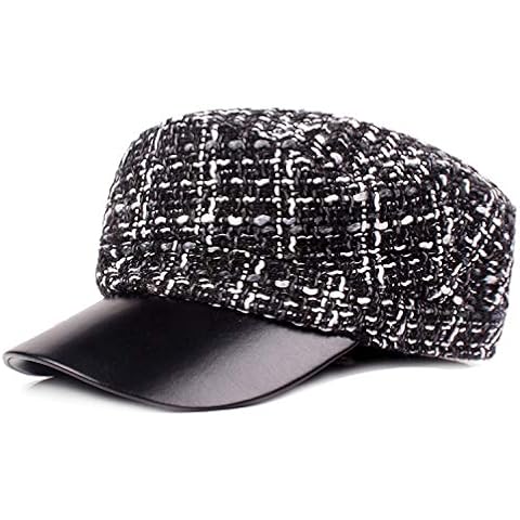 YaWindYa Womens Ladies Linen Fisherman Breton Mariner Fiddler Cap Bakerboy Cap with PU Visor (Black) Cover