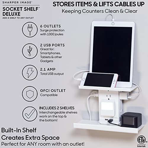 Sharper Image Socket Shelf Deluxe 8 Port Surge Protector Wall Outlet, 6 Electrical Outlet Extenders, 2 USB Charging Ports, 2 Removable & Interchangeable Shelves ETL Listed