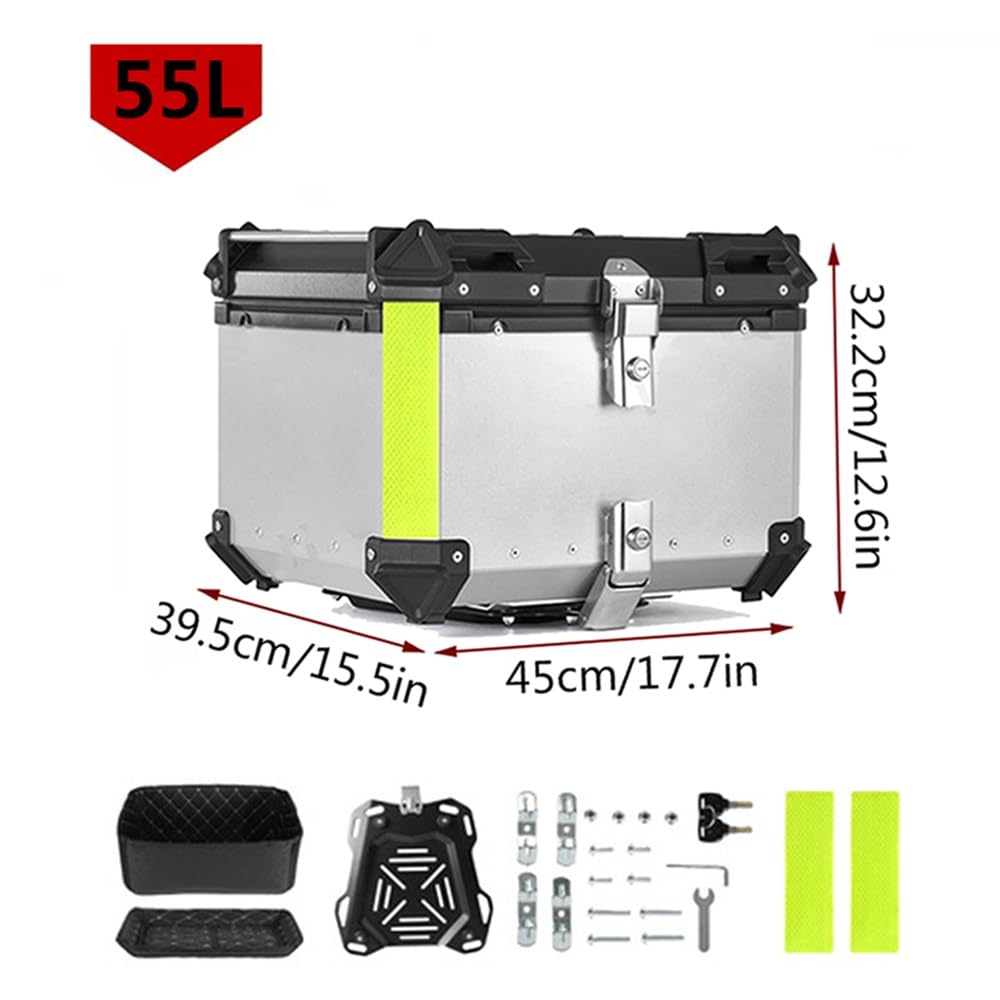 Top Case Box Moto Aluminium, Valise Moto 36L 45L 55L 65L 80L 100L Coffre De Moto Étanche Topcase Valise pour Moto avec Serrure de Sécurité(Silver,55L)