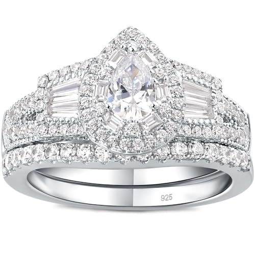Newshe Jewellery Wedding Engagement Ring for Women Bridal Set AAAAA Cz 925 Sterling Silver 1.3Ct Pear White Size 4-13