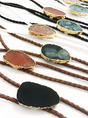 Image of Daisy Del Sol Gemstone Bolo Tie Braided Vegan Faux Leather Natural Stone Gold Handmade Necklace Adjustable Boho Western Jewelry