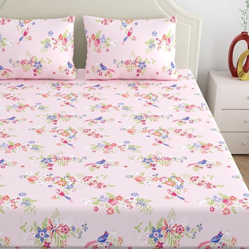 Image of Home Ecstasy 100% Cotton Double Bedsheet with 2 Pillow Covers - (Size 87 x 94 inches, 140 TC, Colour - Pink: Blushed Petal)
