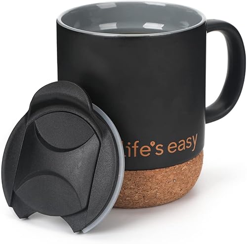 Life's Easy Taza de café de 12 oz con fondo de corcho aislado y tapa a prueba de salpicaduras a presión, color negro