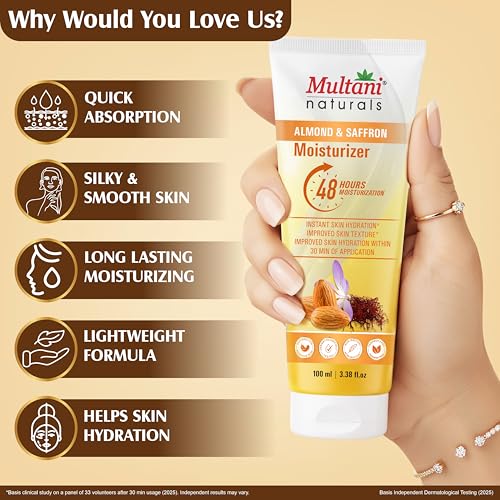 Image of Multani Naturals Moisturizer Almond & Saffron (100 ml) Face & Body | Dermatologically Tested | 48-Hours Moisturization & Skin Brightening | Ayurvedic Formula with Shea Butter & Kokum Butter | Non-Greasy & Paraben-Free | for All Skin Types