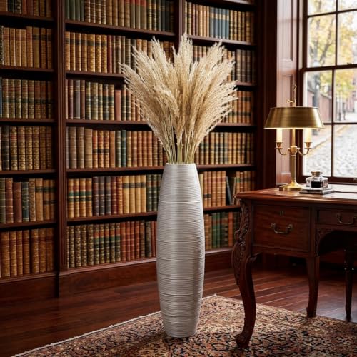 Image of Large Floor Vase 35.4 inch Silver Metallic, Resin Wide-Body Vase with Horizontal Ribbed Texture for Dried Pampas Grass Branches, Modern Home Decor for Living Room Corner Entryway