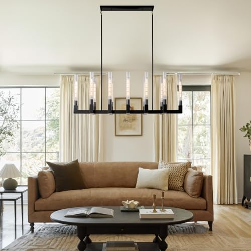 Black Farmhouse Dining Room Chandelier: 54" Modern Linear Rectangle Dining Room Light Fixture - Long Glass Metal Pendant Chandeliers for Kitchen Island - Large Lighting over Kitchen Table Living Rooms by ALIYIQI - Image 7