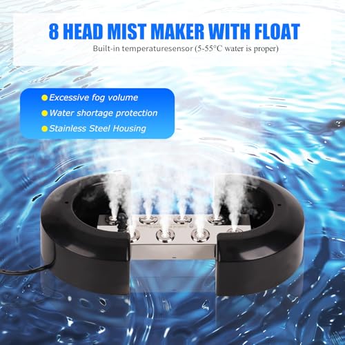 MOGOULUA Nebelmacher 8 Kopf Ultraschall Nebelgerät 6L/H mit 350W Wasserdichtem Netzteil Schweres Nebelgerät Innenhof Nebel Luftbefeuchter Teich Nebelgerät für Gartenbau Gewächshauslandschaft