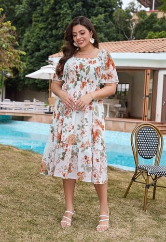 Image of Keluummi Plus Size Wedding Guest Maxi Dresses for Curvy Women, Summer Casual Boho Floral Smocked Empire Waist A Line Sundress