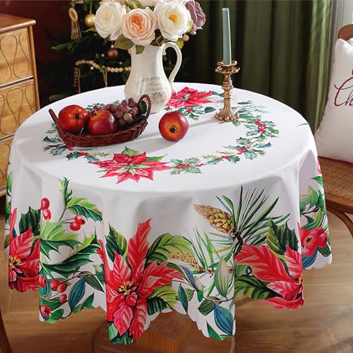 auons Christmas Tablecloth Round 60 Inch, Holly Leaves Berry White Washable Table Cloths Christmas Decorations