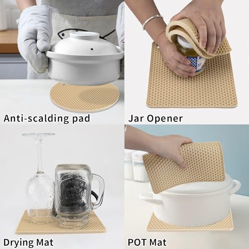 Image of 4 Pack Silicone Trivets for Hot Pots and Pans, Pot Holders Hot Pads, Non-Slip & Heat Resistant Silicone Mats for Kitchen Counter, Soft Durable Drying Mat, Jar Opener and Coasters (Beige)