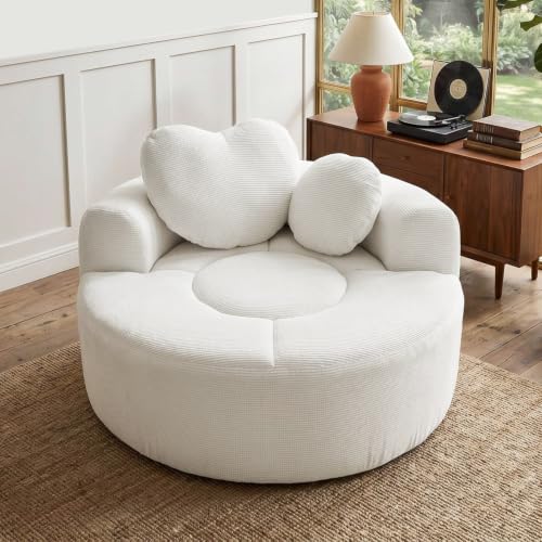 Image of Trustyue Boneless Couch,Comfy Fluffy Sofa Bed,Upholstered Sleeper Sofa with Cup Holder and Throw Pillows,Corduroy Plush Cloud Lounge Chair (Beige, Waffle Polyester)