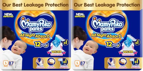 Image of MamyPoko New Pants All Night Absorb|Pant Style Baby Diapers Small Size(S), 87 Count, Ideal for 4-8Kgs|1 Diaper: Upto All Night Absorption now with increased power of +1glass|Wider Crisscross Sheet