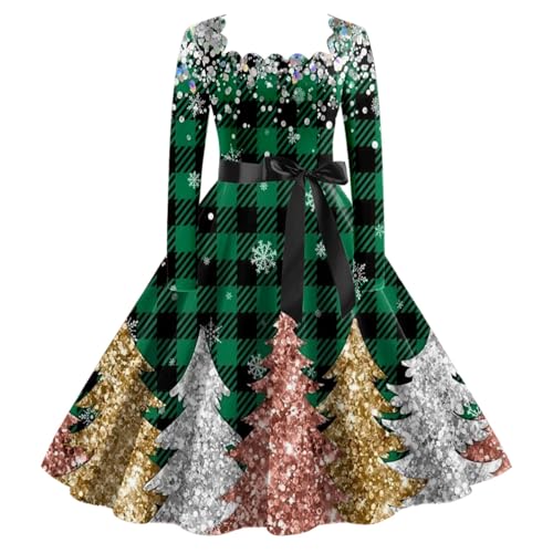 Weihnachtskleider Damen, Weihnachtsoutfit Damen Elegant Langarm Kleider Weihnachtskleid V-Ausschnitt Abendkleider 50er 60er Rockabilly Festliche...