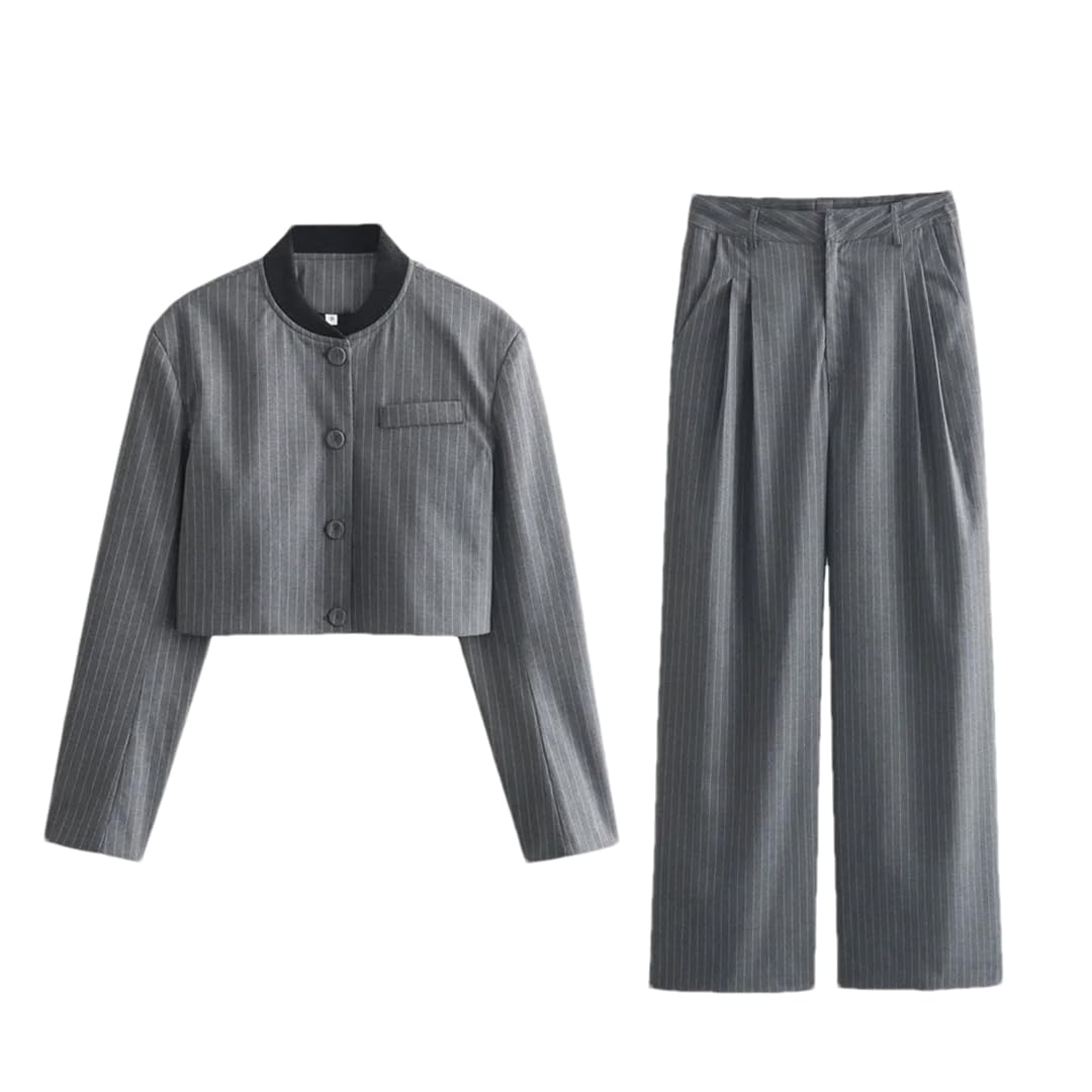 Dndrdhfb Womens Short Striped 2 Piece Set Single Breasted Stand Up Collar Top Ankle Length Loose Pants