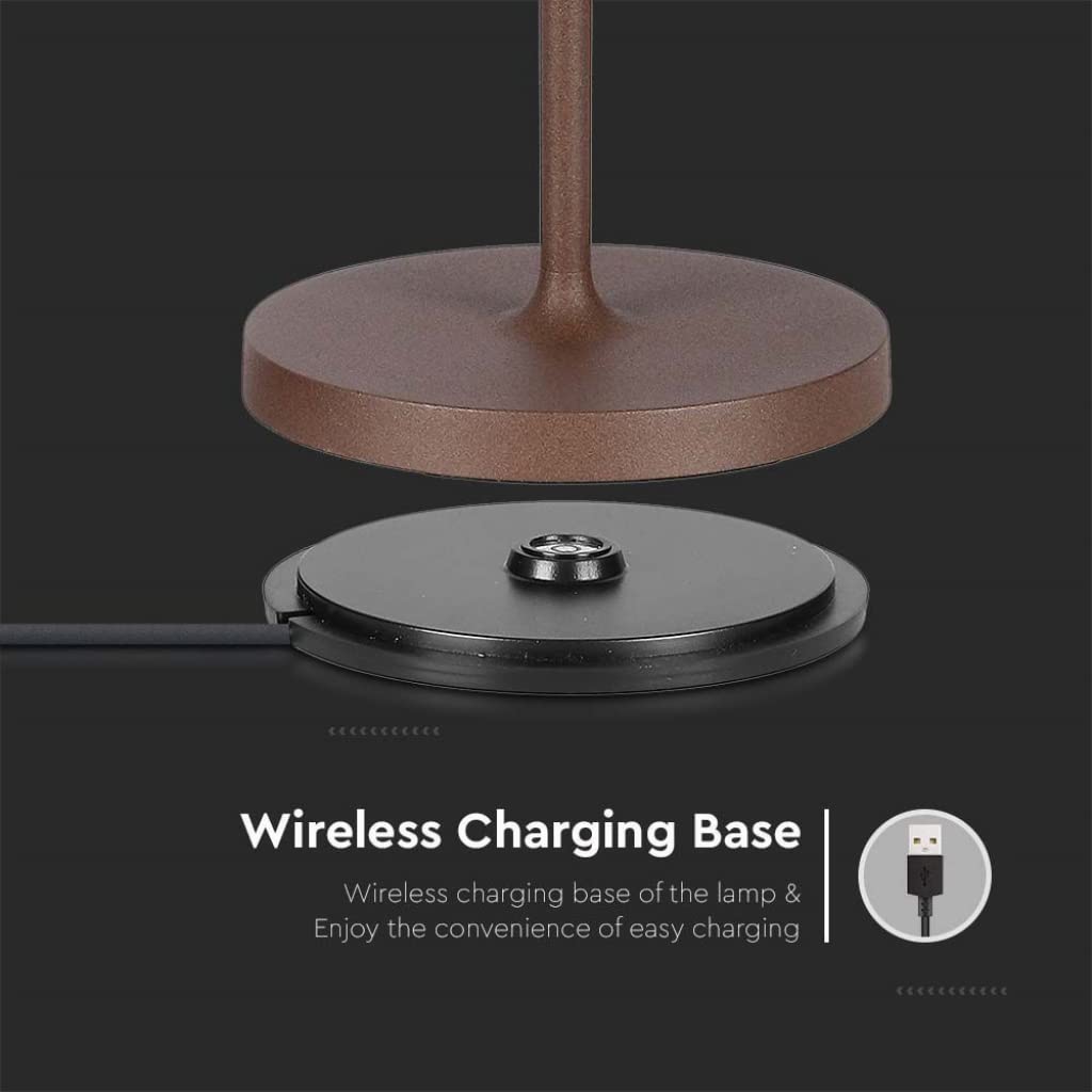 V-TAC Lampada da Tavolo senza Fili LED Dimmerabile in Alluminio – Lampada Marrone Wireless per Uso Interno ed Esterno IP54 da Casa o Ristorante – Design Elegante – Luce Bianca Calda