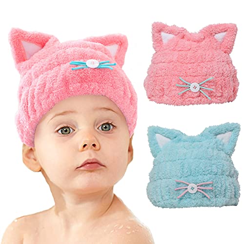 Mdoahny 2Pcs Microfiber Quick Drying Towel Wrap For Kids Girls, Kids Hair Towel Wrap, Cute Ears Cap Wrapped Bath Tool Hair Turban, Absorbent Hair Dry Hat Cap Lightweight Hat Headscarf, Blue And Pink #TOP18