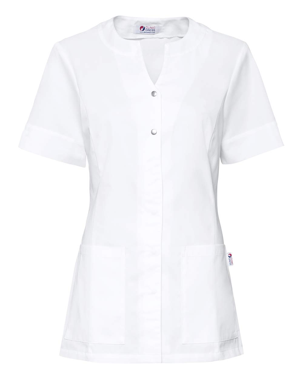 CLINIC DRESS Kasack für Damen leicht tailliert Rundhalsausschnitt verdeckte Druckknopfleiste Ärmelschlitze 2 Seitentaschen 60° Wäsche