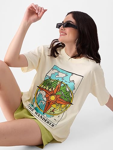 Image of The Souled Store Women TSS Originals: The Wanderer Oversized T-Shirt Oversized T Shirts for Women T-Shirt Girls Cotton Casual Half Sleeves Baggy Loose Fit Drop Shoulder Round Neck Back Printed