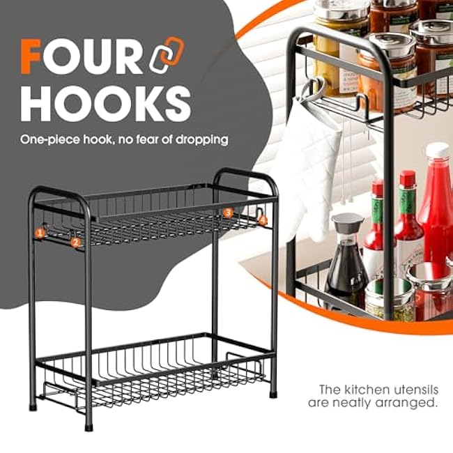 Spice Rack for Countertop, 2-Tier Standing Sturdy Metal Seasoning Organizer Holder, Space Saving Spice Shlef for Kitchen, Cabinet, Pantry Storage, Easy Assembly, Black