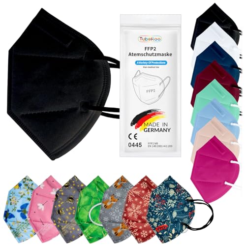 TubeRoo FFP2 Maske Schwarz 10 Stück Masken aus Deutschland Made in Germany weiche runde Ohrschlaufen Bänder Atemschutzmaske Mundschutz Schutzmaske Staubmaske Feinstaubmaske Allergie Pollen