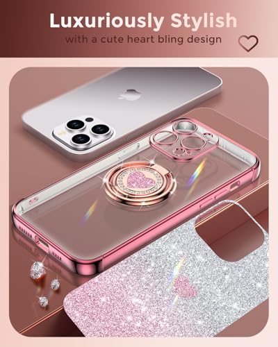 Image of XYZ for iPhone 13 Pro Max Back Cover Case with Stand, Phone Case with Double Ring Kickstand, Women Girls Bling Luxury Glitter Clear Phone Case Cover Heart for iPhone 13 Pro Max, Rose Gold