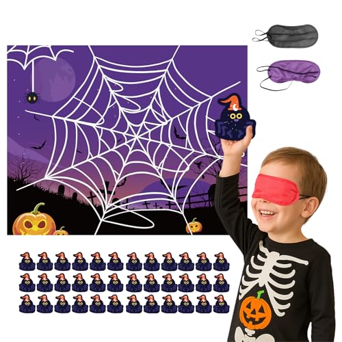 Haunt Couture Pin The Spider on The Web Halloween Game Kit - Reusable Spooky Party Games for Kids, Toddler Safe Halloween Activities with 36+ Stickers