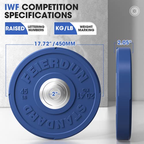 Image of FEIERDUN Color Bumper Plate Set, 2-Inch Olympic Weight Plates, Low Bounce Rubber Barbell Plates with Stainless Steel Insert for Weightlifting, Strength Training, CrossFit & Home Gym, 10LB-370LB