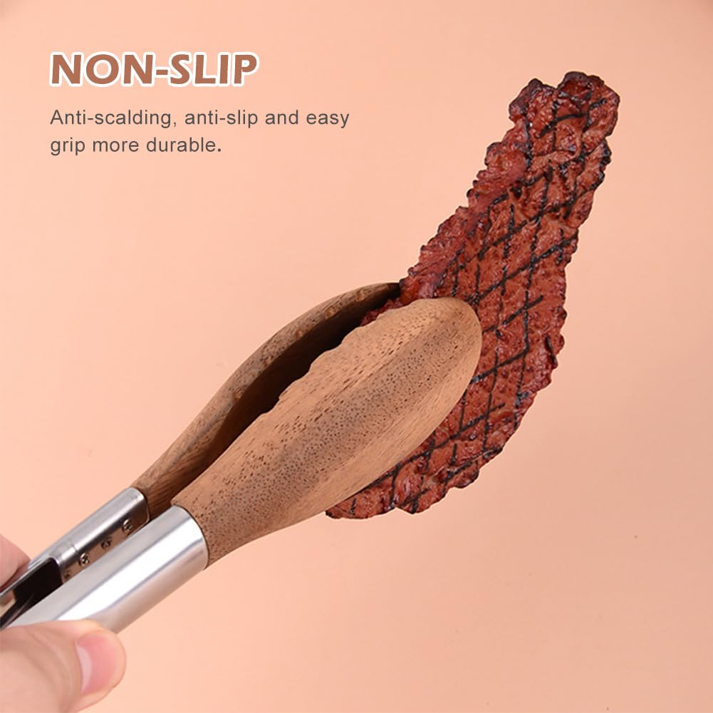 Holzzange, hochwertige Servierzange aus Holz mit rutschfestem Griff, hitzebeständige Küchenzange, ideal für Grill, Salat, Toaster, Brot, Gurken und Wenden von Burgern (Silber + Braun)